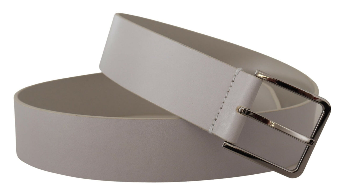 Dolce & Gabbana White Leather Wide Silver Metal Buckle Belt