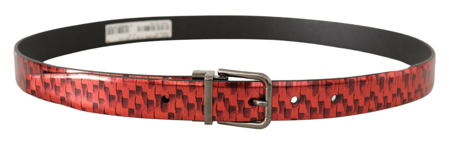 Dolce & Gabbana Red Herringbone Leather Gray Tone Buckle Belt