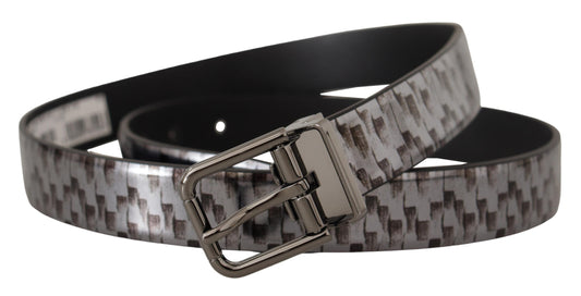 Dolce & Gabbana Gray Herringbone Leather Gray 3D Metal Buckle Belt