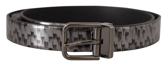 Dolce & Gabbana Gray Herringbone Leather Gray 3D Metal Buckle Belt