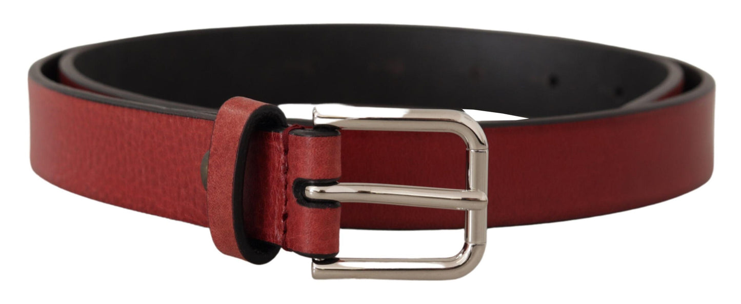 Dolce & Gabbana Maroon Vitello Leather Silver Metal Belt