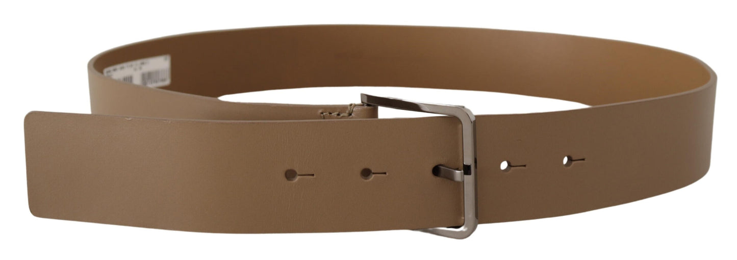 Dolce & Gabbana Beige Calf Leather Wide Silver Metal Belt