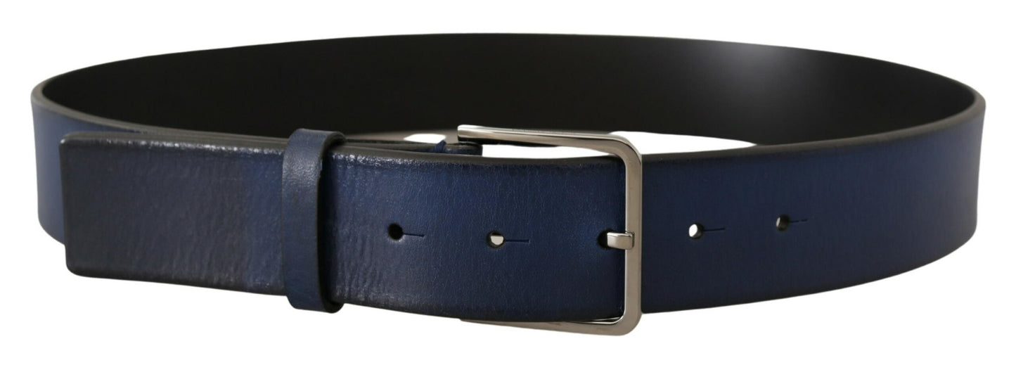 Dolce & Gabbana Blue Calf Leather Silver Metal Buckle Classic Belt