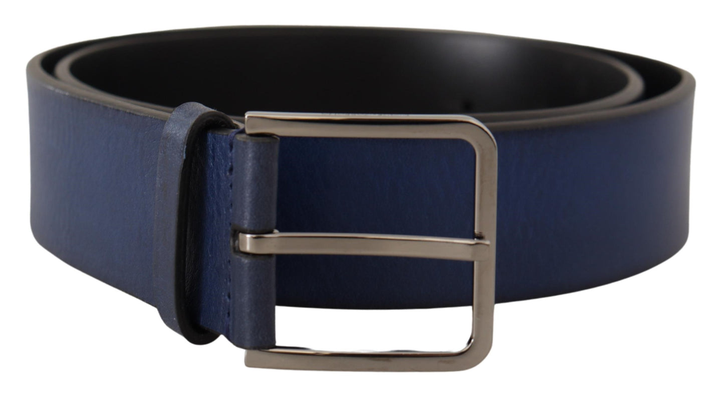 Dolce & Gabbana Blue Calf Leather Silver Metal Buckle Classic Belt