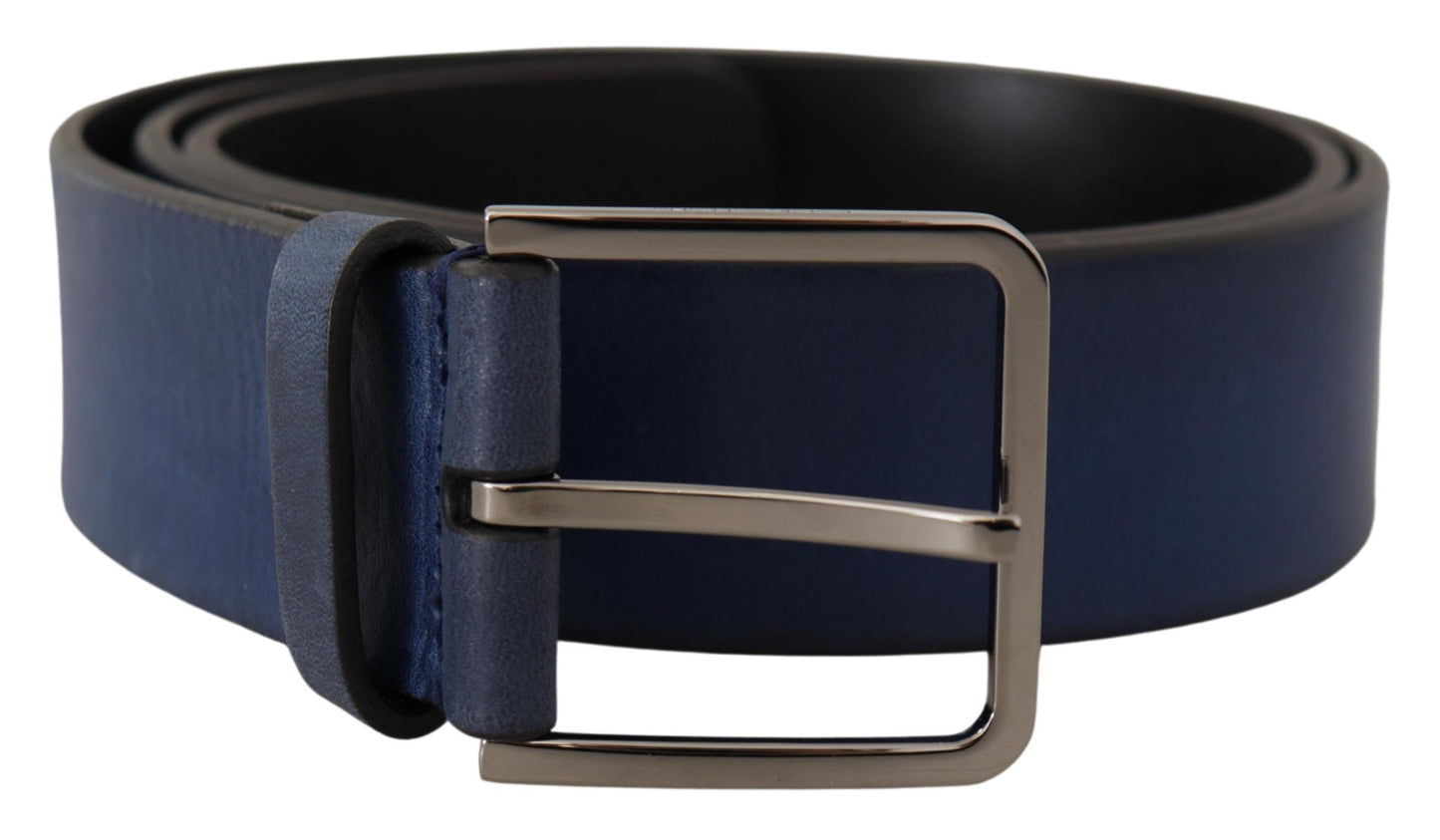 Dolce & Gabbana Blue Calf Leather Silver Metal Buckle Classic Belt