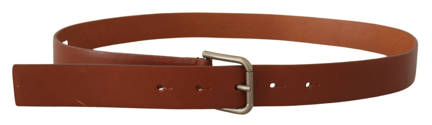 Dolce & Gabbana Brown Calf Leather Silver Tone Metal Buckle Belt