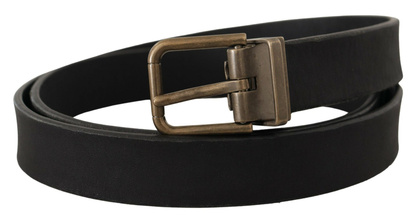 Dolce & Gabbana Black Leather Brass Metal Grain Buckle Classic Belt