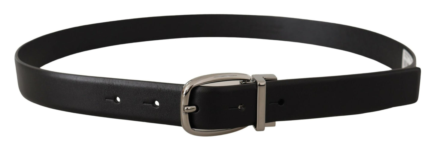 Dolce & Gabbana Black Leather Silver Metal Chrome Logo Buckle  Belt