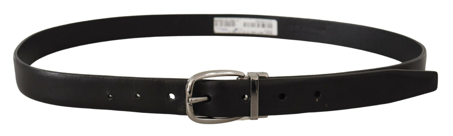 Dolce & Gabbana Black Leather Chrome Logo Metal Buckle Belt