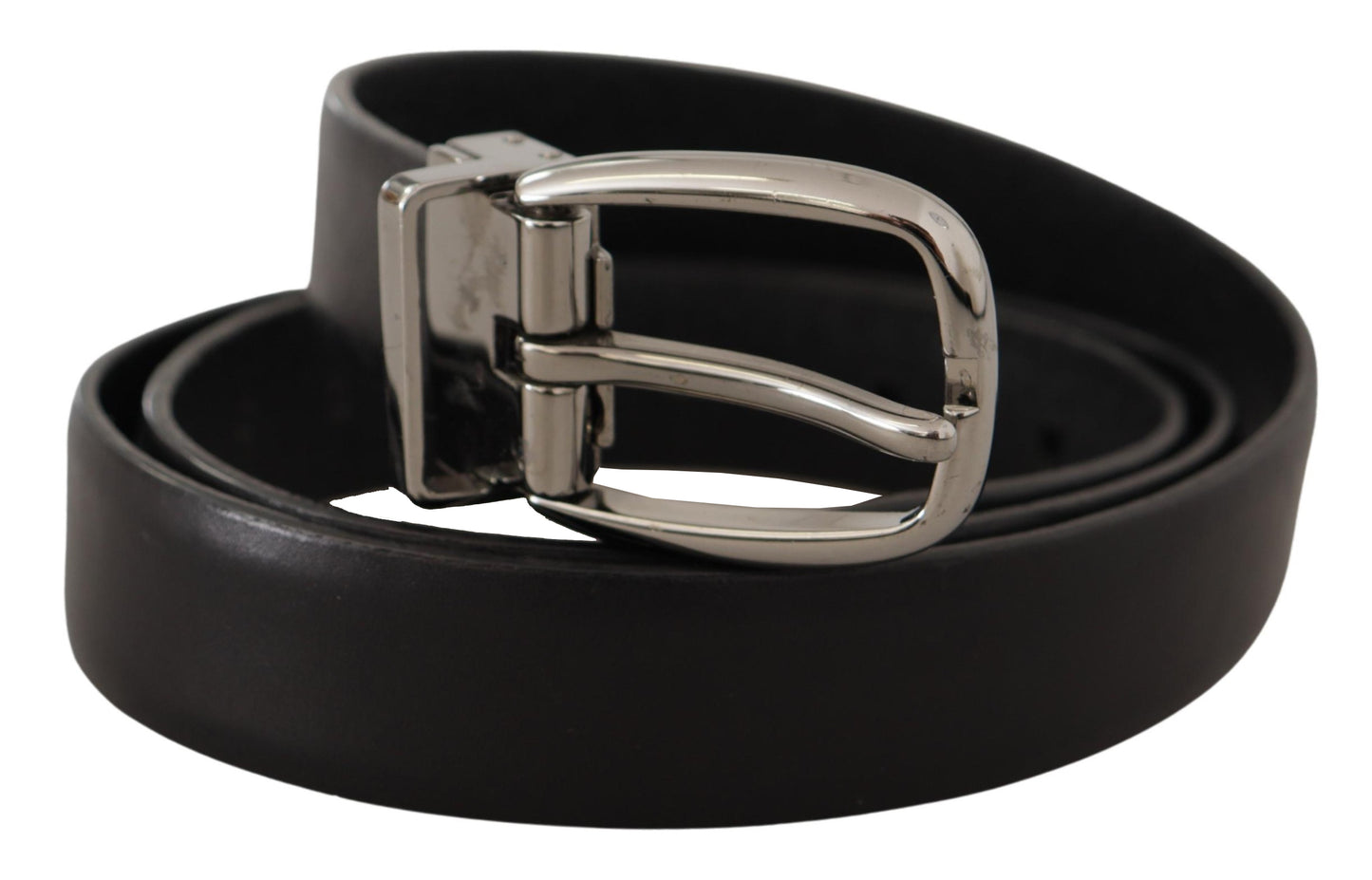 Dolce & Gabbana Black Leather Chrome Logo Metal Buckle Belt