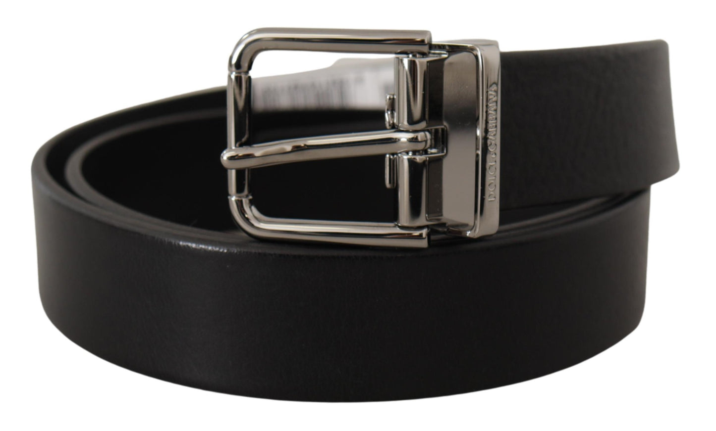 Dolce & Gabbana Black Calf Leather Logo Engraved Metal Buckle Belt