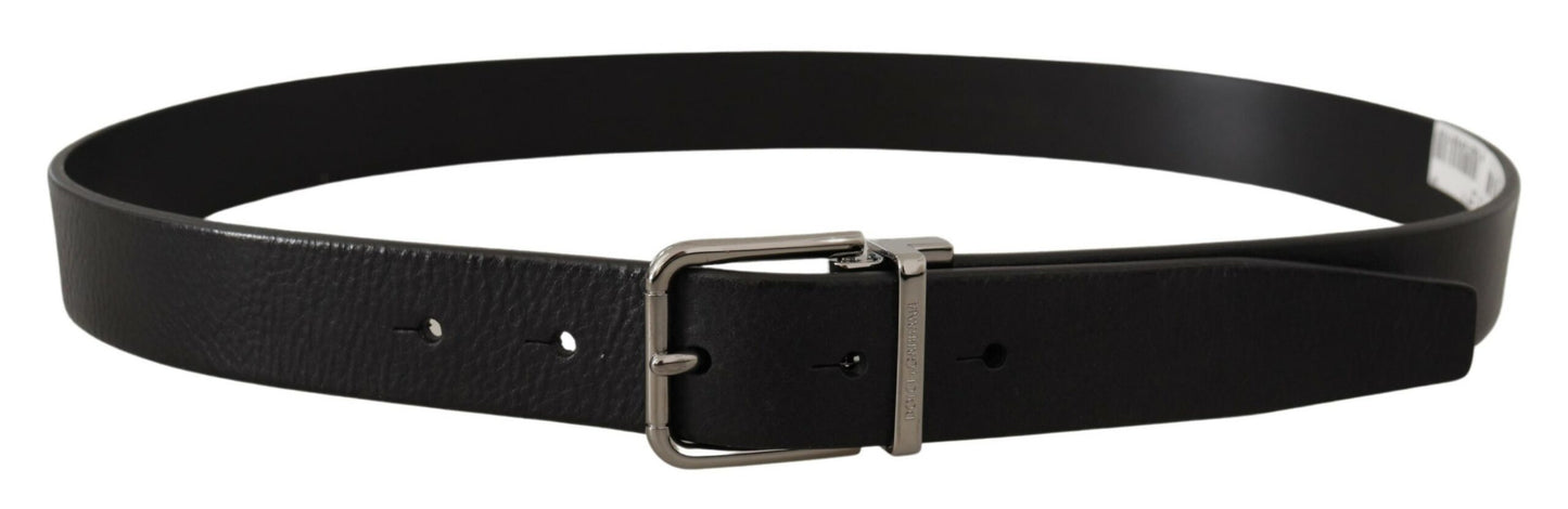 Dolce & Gabbana Black Calf Leather Logo Engraved Metal Buckle Belt