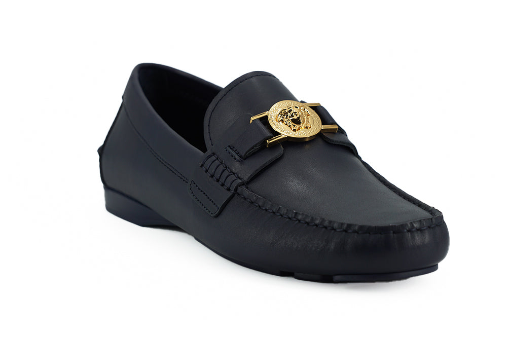 Versace Navy Blue Calf Leather Loafers Shoes PHOENIX LUXE