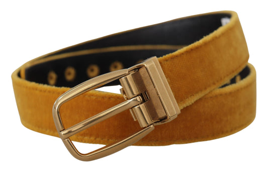 Dolce & Gabbana Mustard Velvet Gold Logo Engraved Metal Buckle Belt