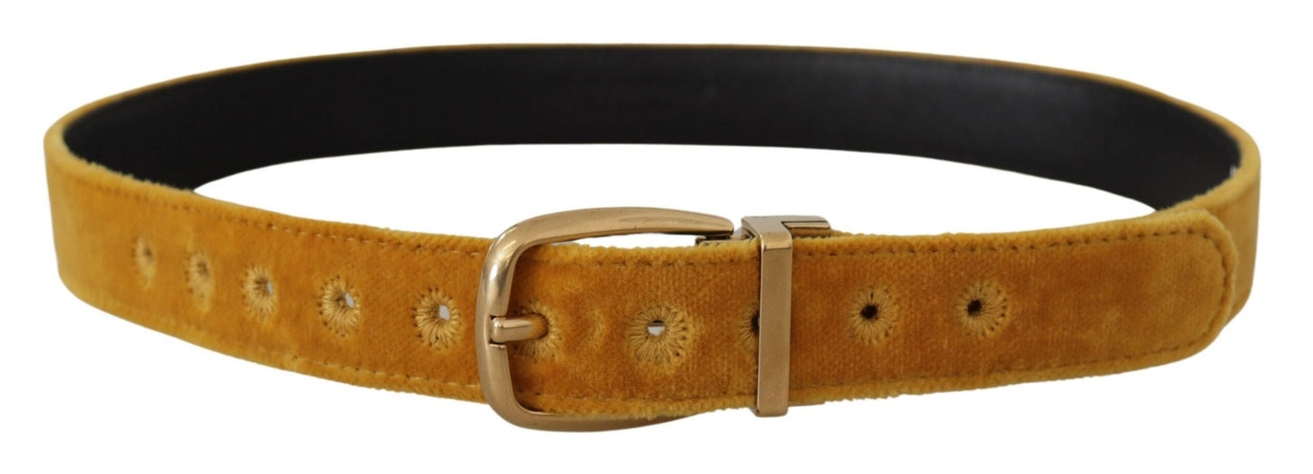 Dolce & Gabbana Mustard Velvet Gold Logo Engraved Metal Buckle Belt