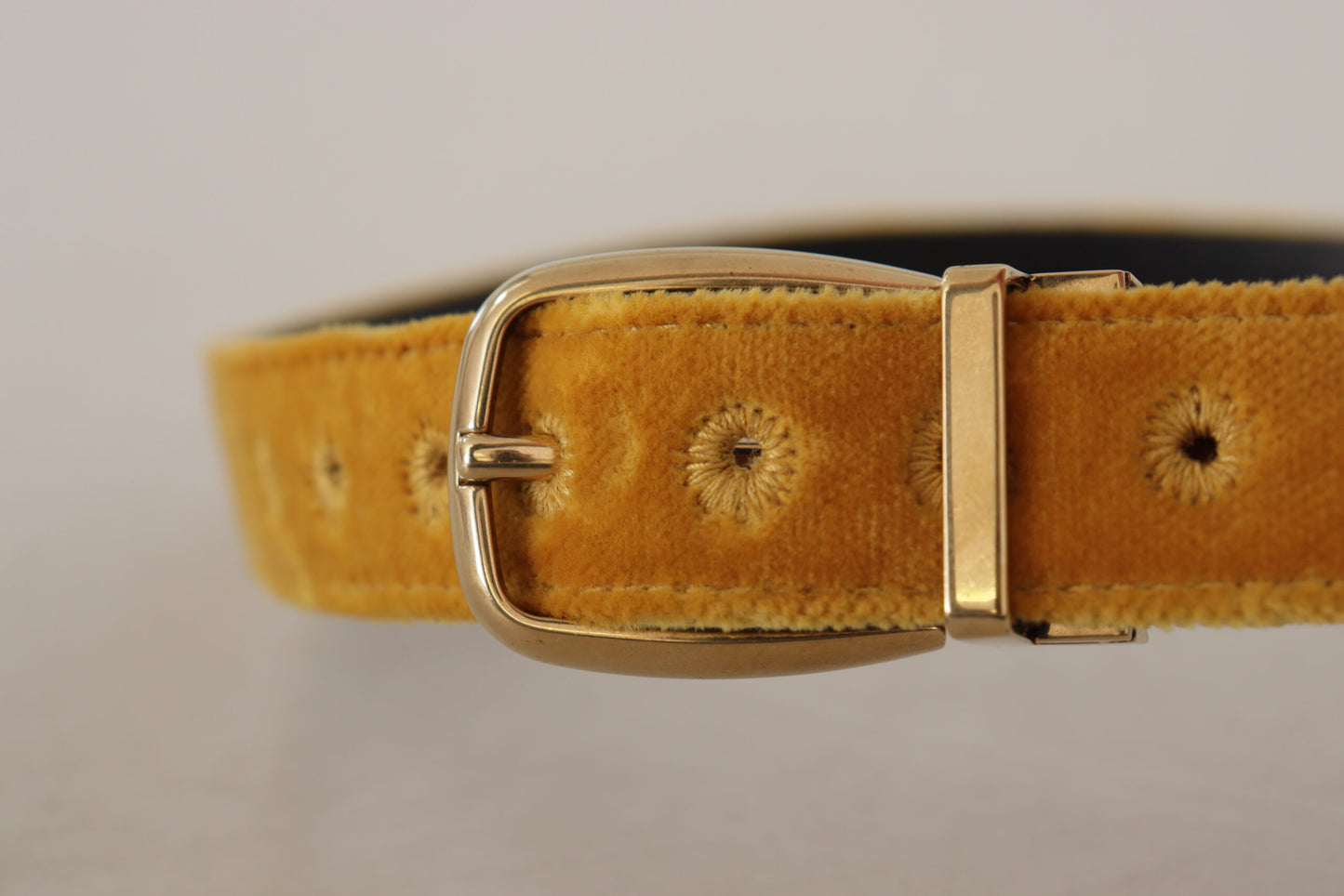 Dolce & Gabbana Mustard Velvet Gold Logo Engraved Metal Buckle Belt