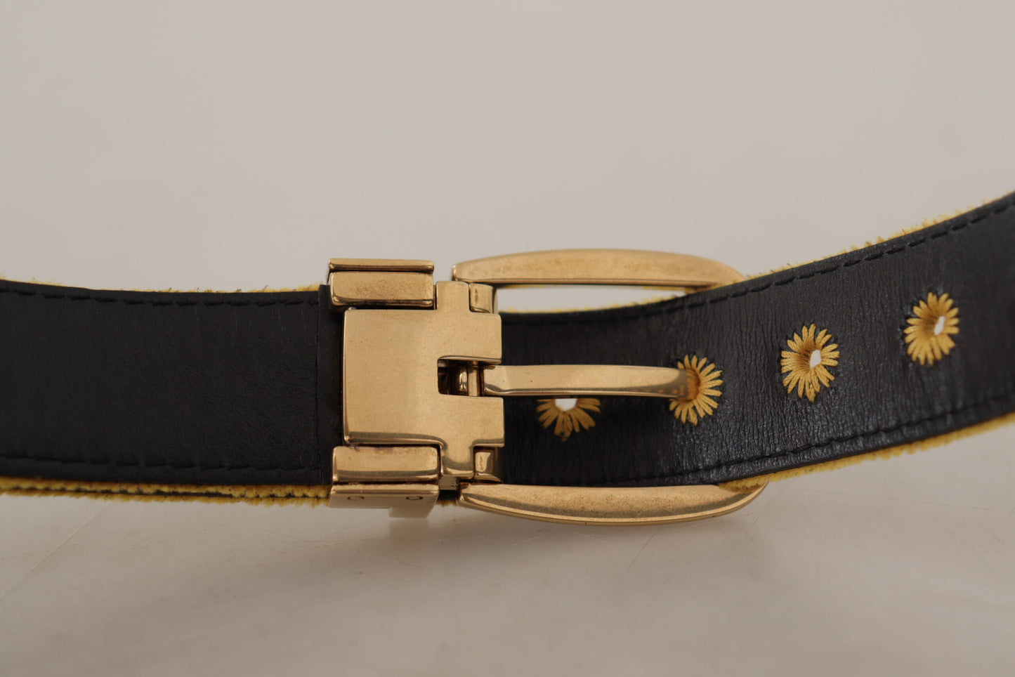 Dolce & Gabbana Mustard Velvet Gold Logo Engraved Metal Buckle Belt