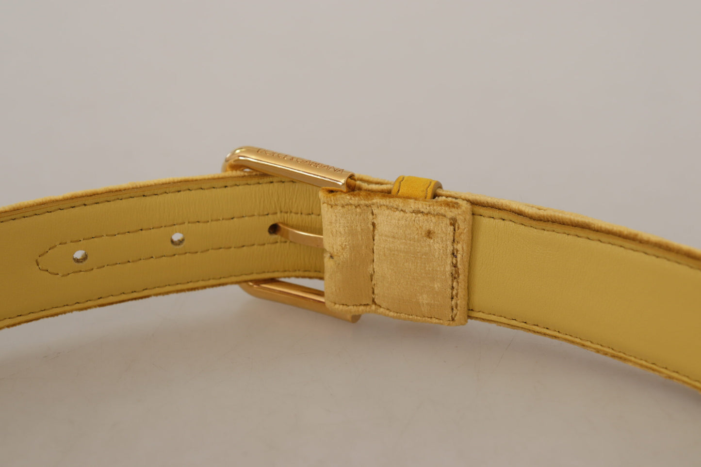 Dolce & Gabbana Yellow Velvet Gold Metal Logo Engraved Buckle Belt