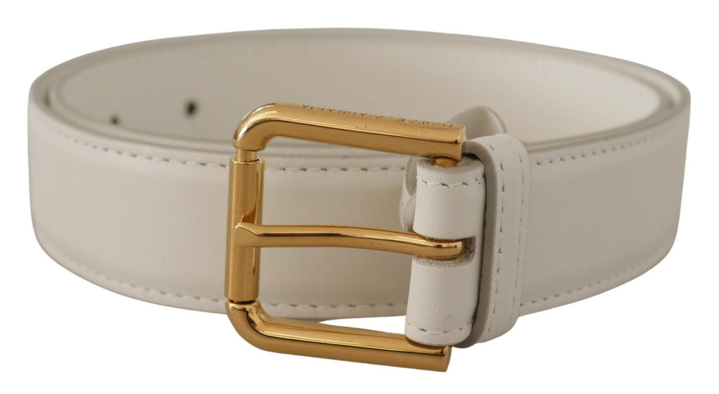 Dolce & Gabbana White Calf Leather Gold Tone Logo Metal Buckle Belt