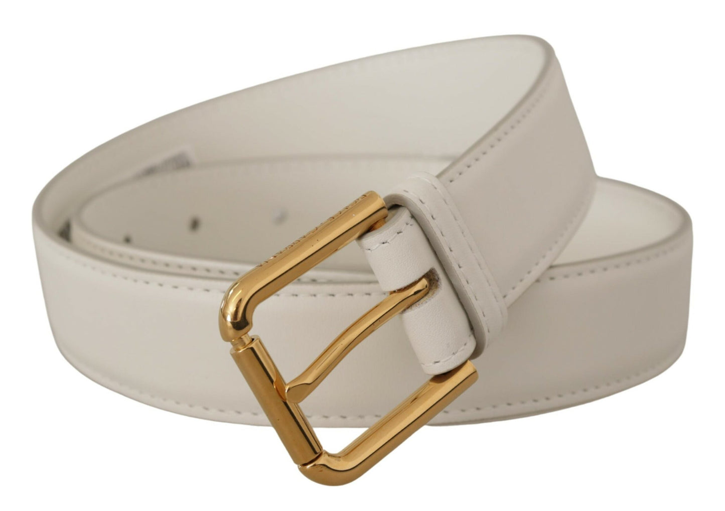 Dolce & Gabbana White Calf Leather Gold Tone Logo Metal Buckle Belt