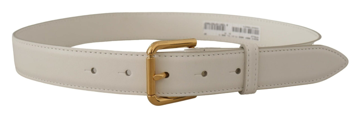 Dolce & Gabbana White Calf Leather Gold Tone Logo Metal Buckle Belt