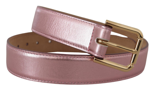 Dolce & Gabbana Metallic Pink Polished Leather Logo Metal Buckle Belt