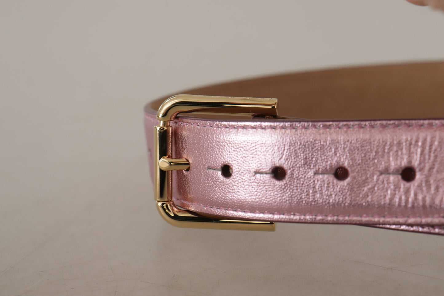 Dolce & Gabbana Metallic Pink Polished Leather Logo Metal Buckle Belt