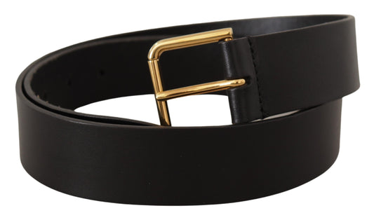 Dolce & Gabbana Black Calf Leather Gold Tone Logo Metal Buckle Belt