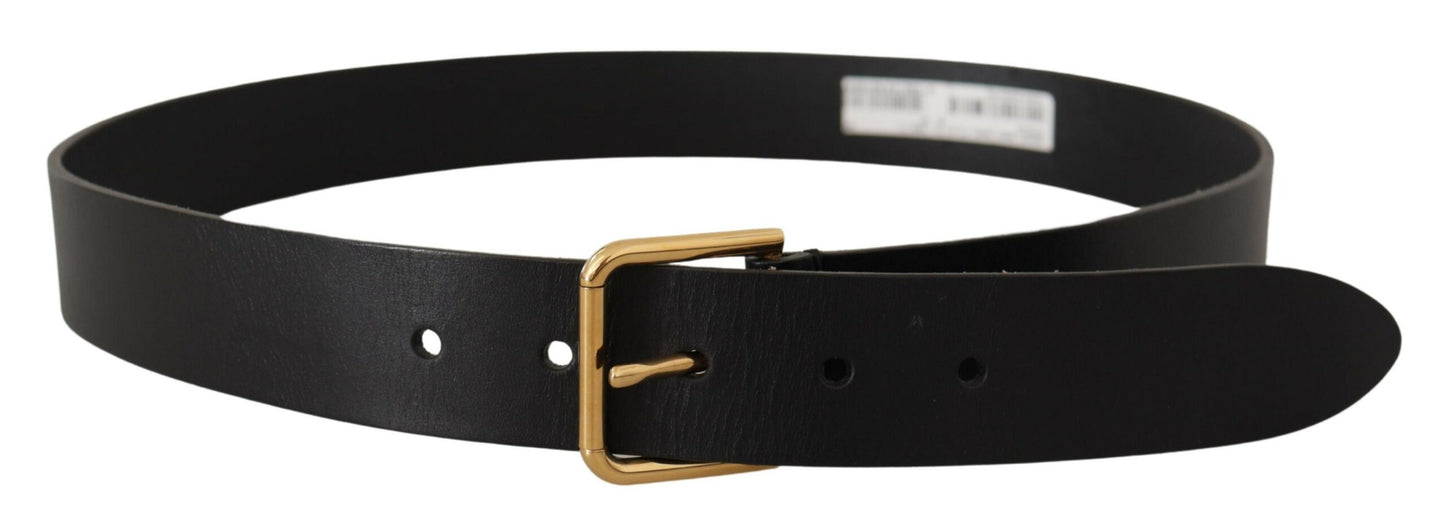 Dolce & Gabbana Black Calf Leather Gold Tone Logo Metal Buckle Belt