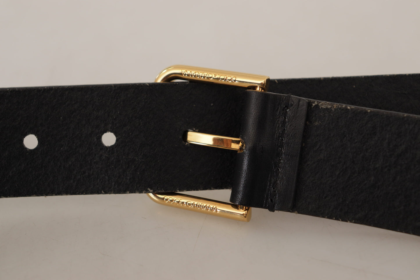 Dolce & Gabbana Black Calf Leather Gold Tone Logo Metal Buckle Belt