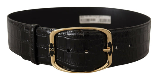 Dolce & Gabbana Black Crocodile Print Gold Metal DG Logo Buckle Belt