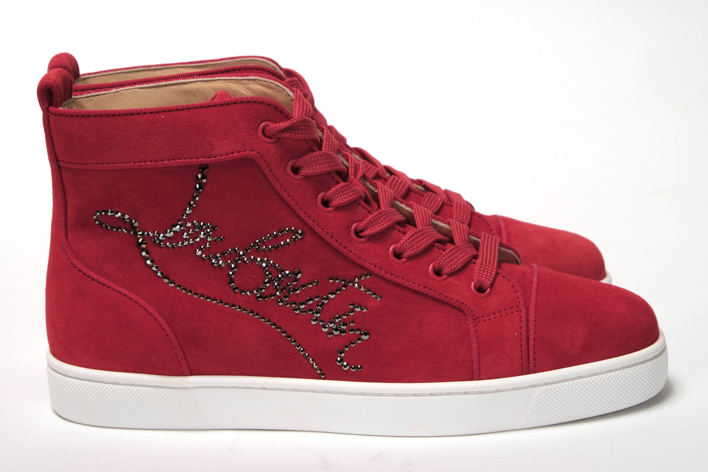 Christian Louboutin Loubi Red Version Navy Louis Strass Flat Suede High Top Sneakers