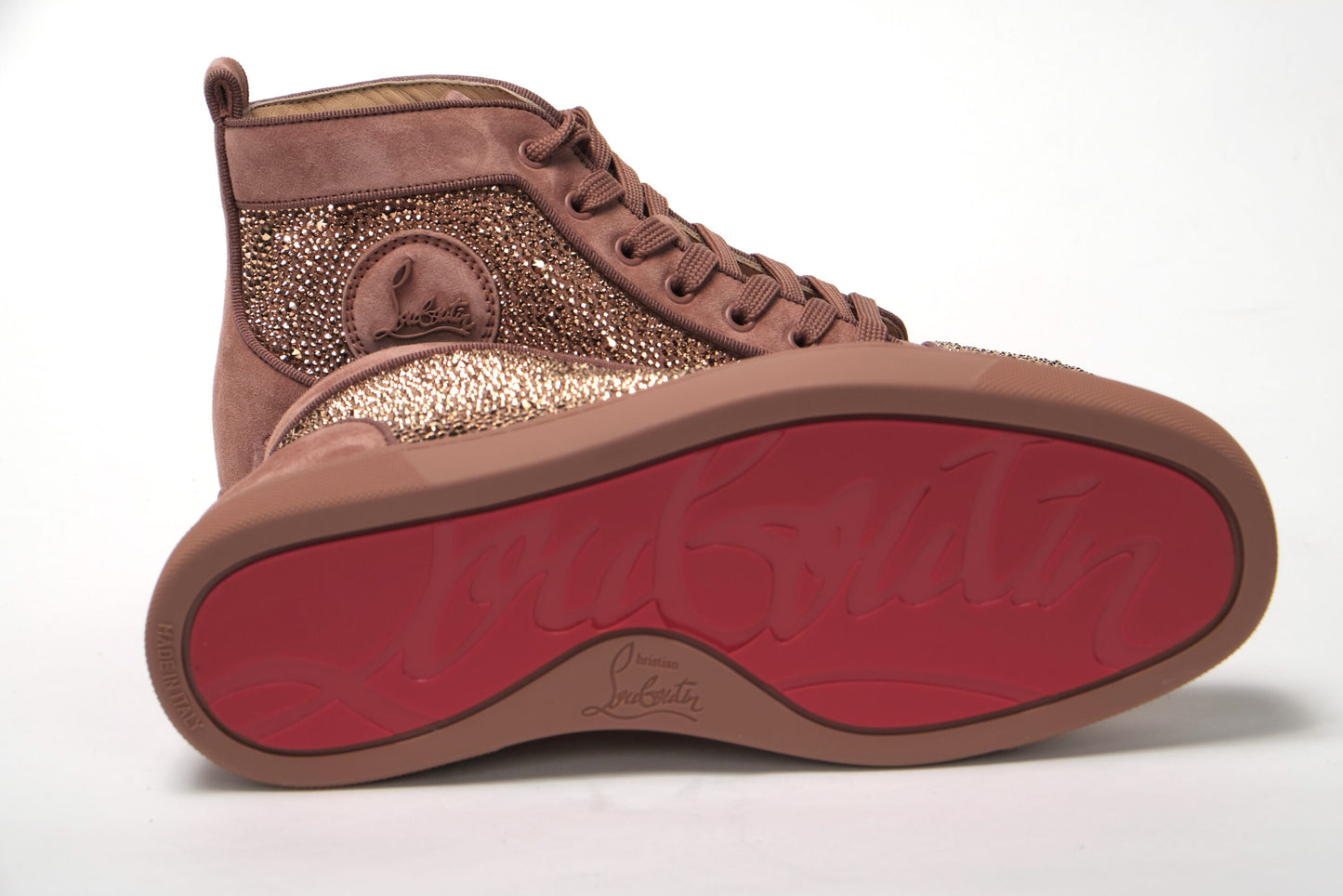 Christian Louboutin Faro Red Crystals Louis Orlato Flat Veau Suede High Top Sneakers