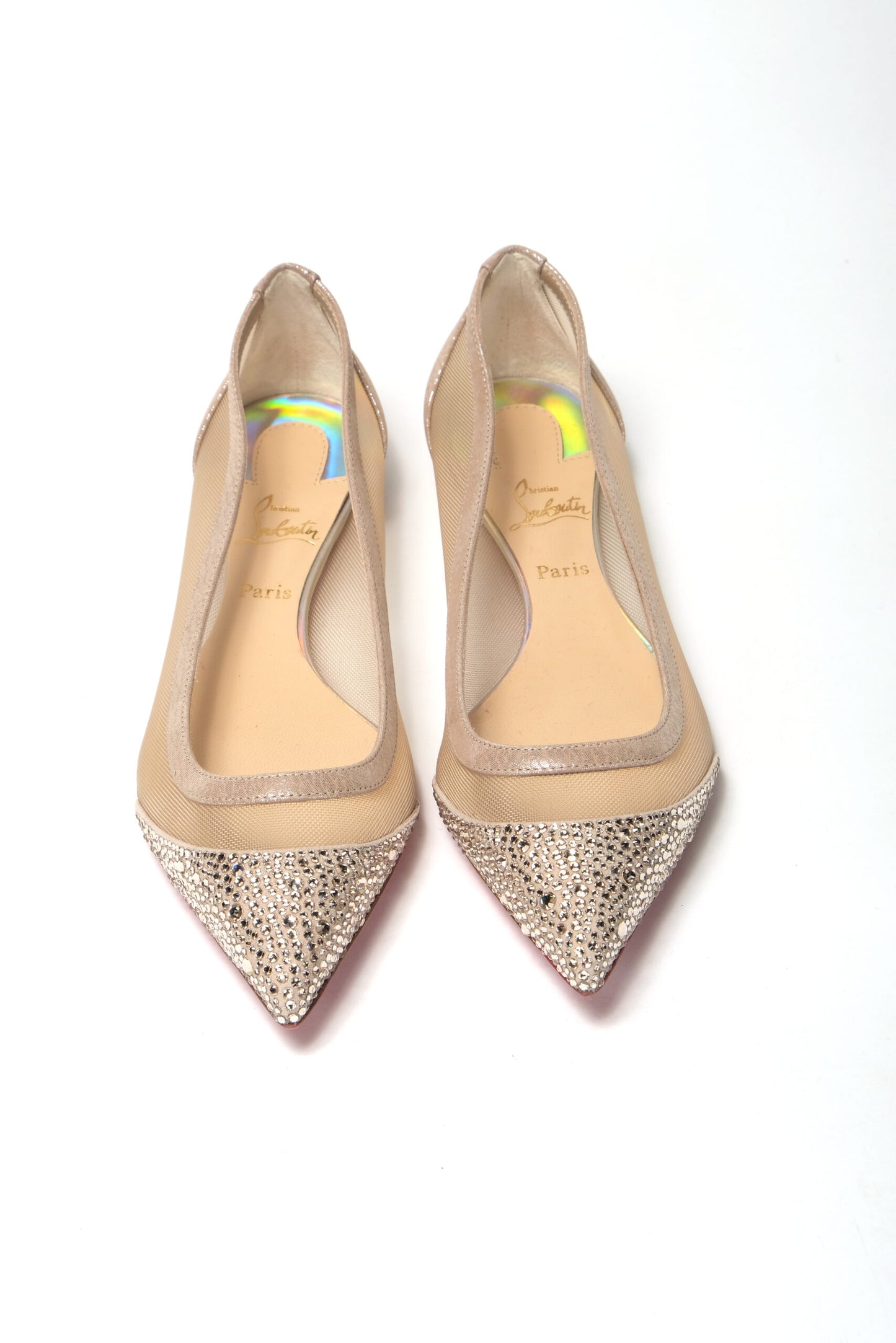 Christian Louboutin Nude Silver Swarovski Crystals Point Toe Flats