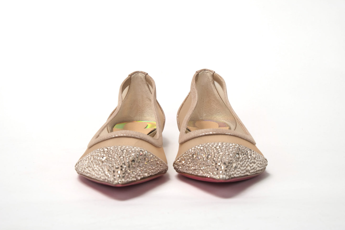 Christian Louboutin Nude Silver Swarovski Crystals Point Toe Flats