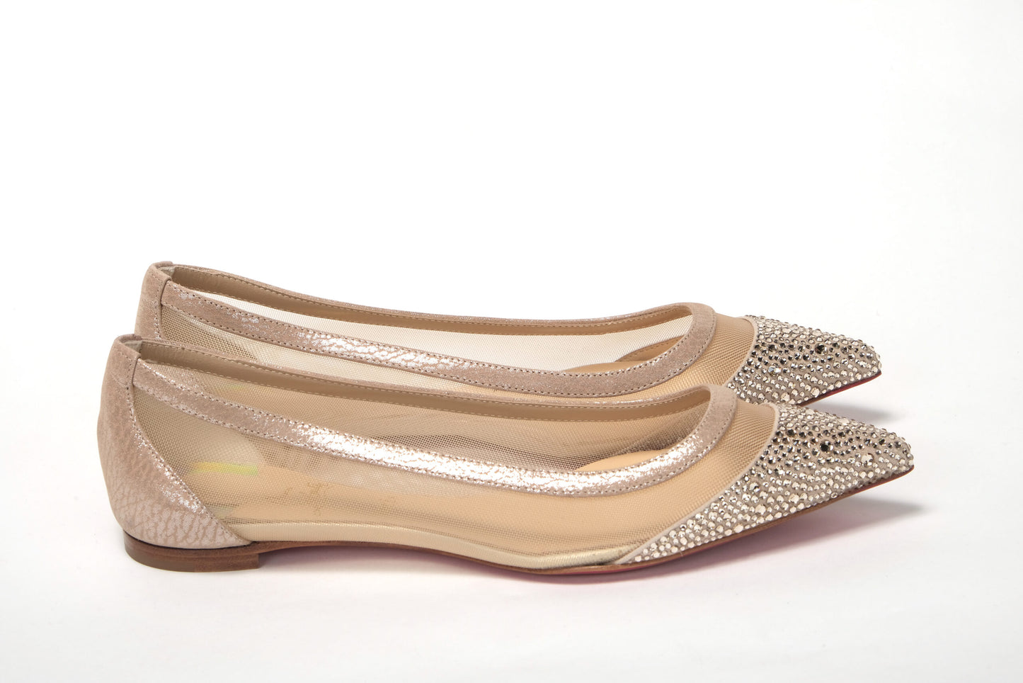 Christian Louboutin Nude Silver Swarovski Crystals Point Toe Flats