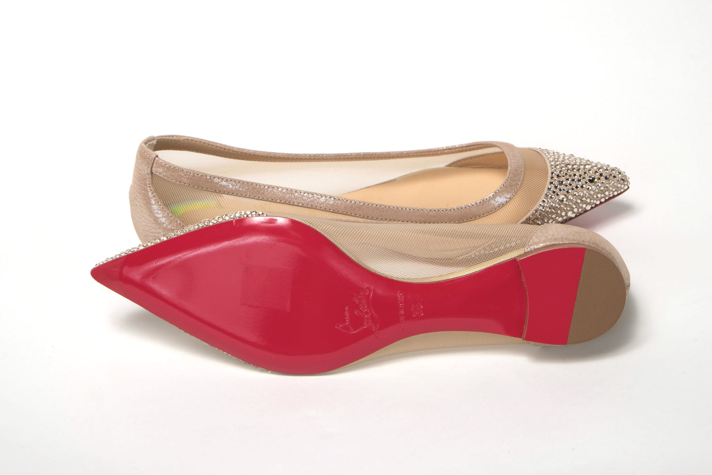 Christian Louboutin Nude Silver Swarovski Crystals Point Toe Flats