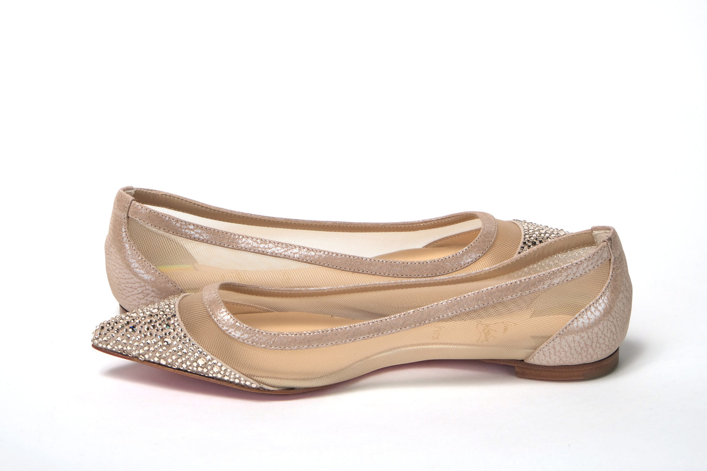 Christian Louboutin Nude Silver Swarovski Crystals Point Toe Flats