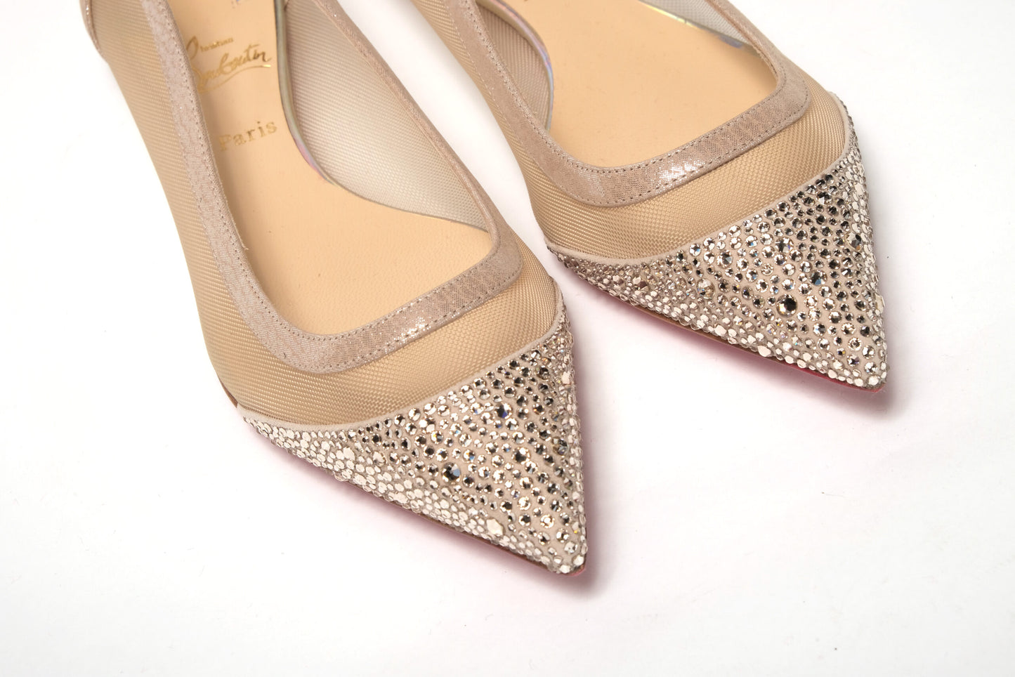 Christian Louboutin Nude Silver Swarovski Crystals Point Toe Flats