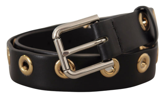 Dolce & Gabbana Black Leather Eyelet Silver Tone Metal Buckle Belt