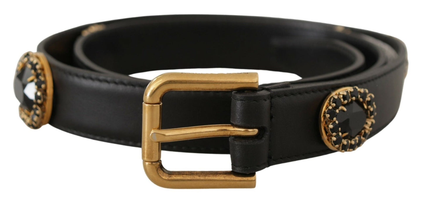 Dolce & Gabbana Black Leather Embellished Crystal Logo Belt