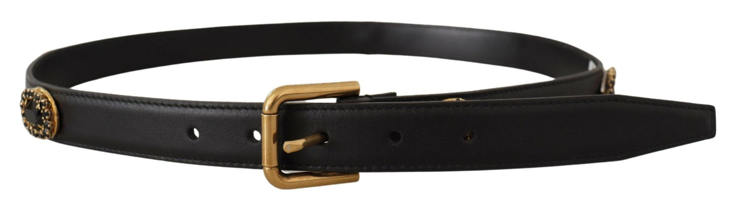 Dolce & Gabbana Black Leather Embellished Crystal Logo Belt