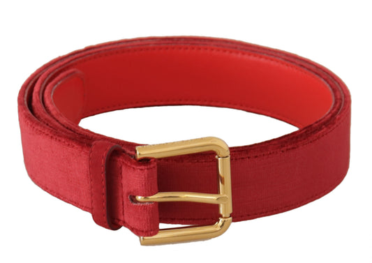 Dolce & Gabbana Red Velvet Gold Logo Engraved Metal Buckle Belt