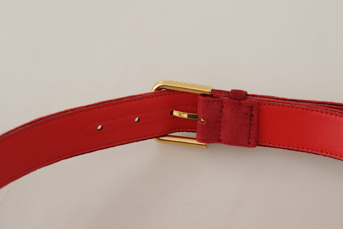 Dolce & Gabbana Red Velvet Gold Logo Engraved Metal Buckle Belt