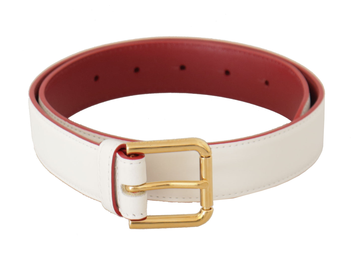 Dolce & Gabbana White Calf Leather Two-Toned Gold Metal Buckle Belt