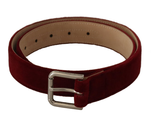 Dolce & Gabbana Red Velvet Silver Logo Engraved Metal Buckle Belt