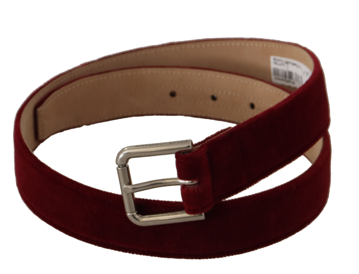 Dolce & Gabbana Red Velvet Silver Logo Engraved Metal Buckle Belt