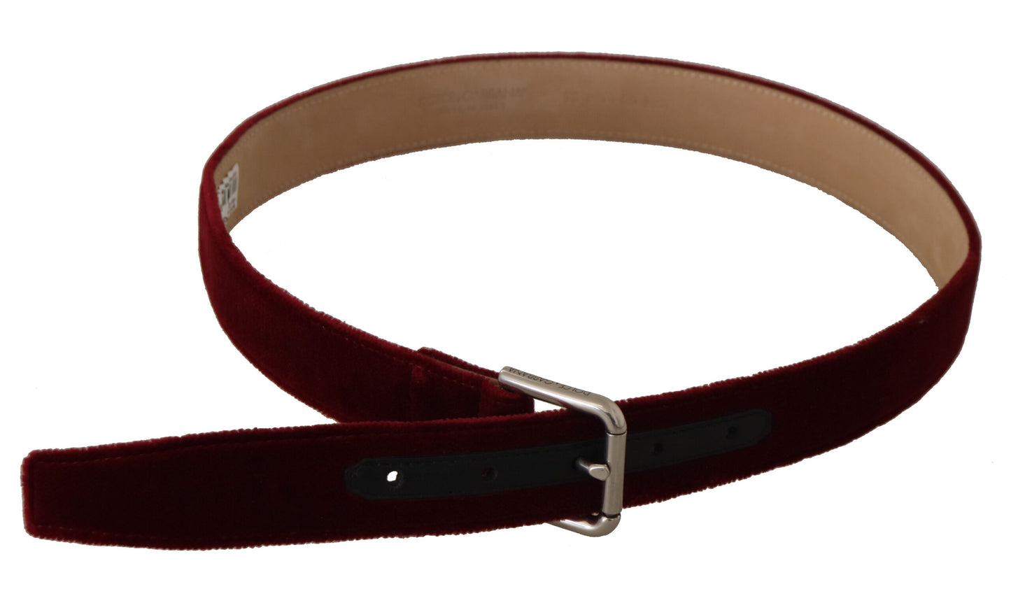 Dolce & Gabbana Red Velvet Silver Logo Engraved Metal Buckle Belt