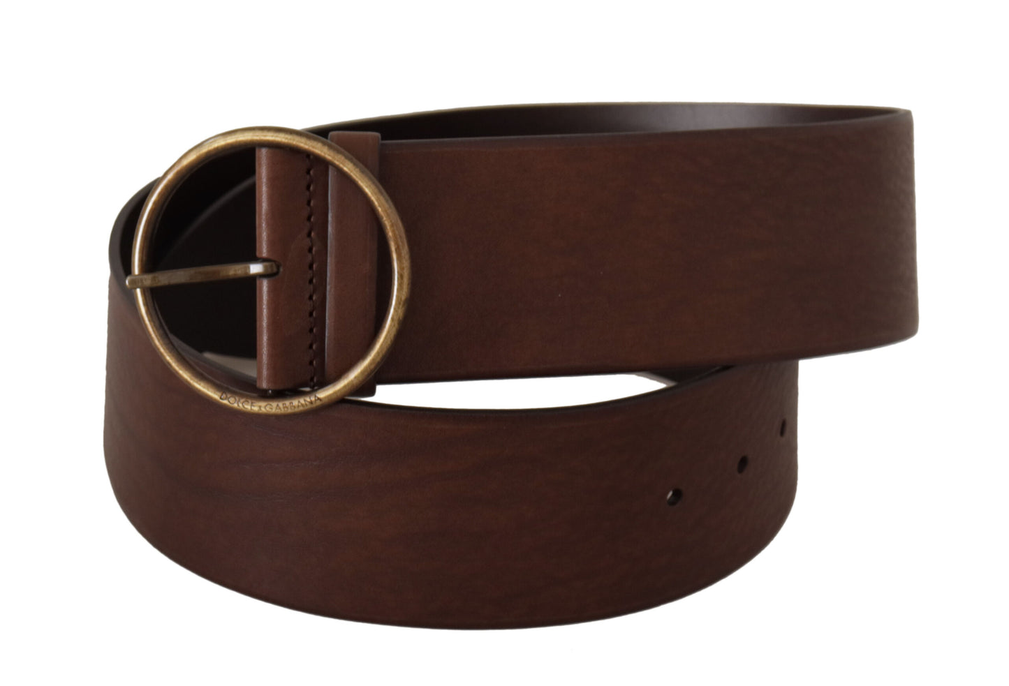 Dolce & Gabbana Brown Leather Wide Waist Logo Metal Round Buckle Belt