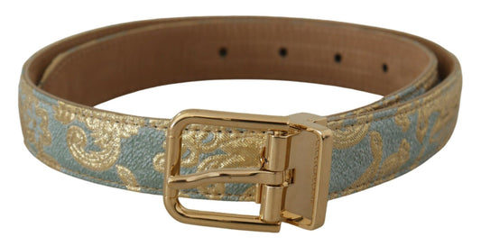 Dolce & Gabbana Blue Leather Jacquard Embossed Gold Metal Buckle Belt